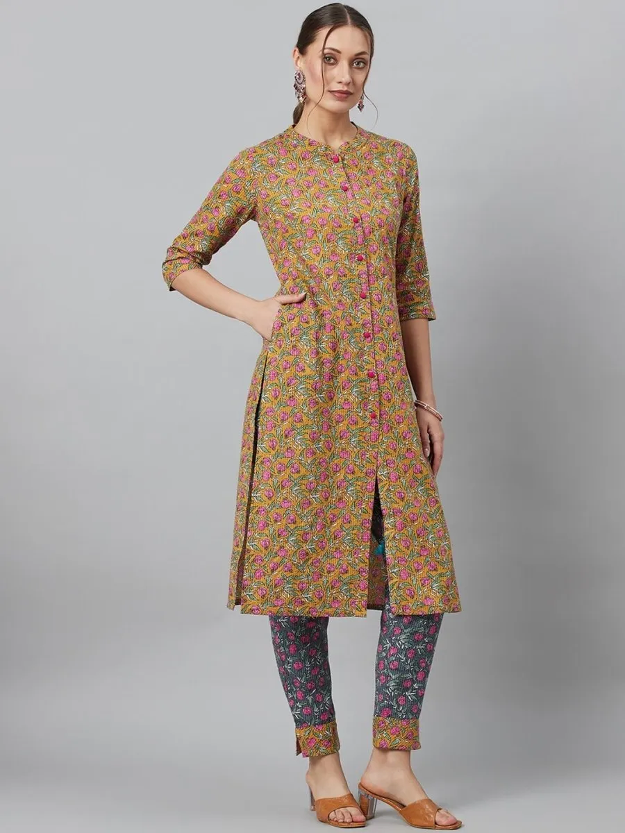 Aks Floral Printed Mandarin Collar Regular Pure Cotton Kurta With Trousers