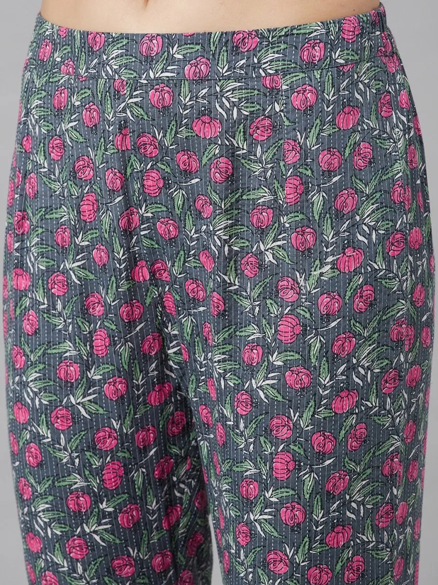 Aks Floral Printed Mandarin Collar Regular Pure Cotton Kurta With Trousers