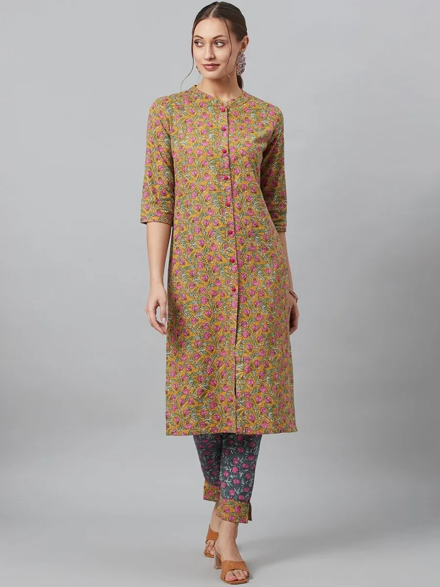 Aks Floral Printed Mandarin Collar Regular Pure Cotton Kurta With Trousers