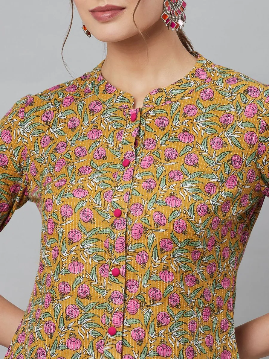 Aks Floral Printed Mandarin Collar Regular Pure Cotton Kurta With Trousers