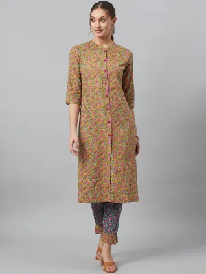 Aks Floral Printed Mandarin Collar Regular Pure Cotton Kurta With Trousers