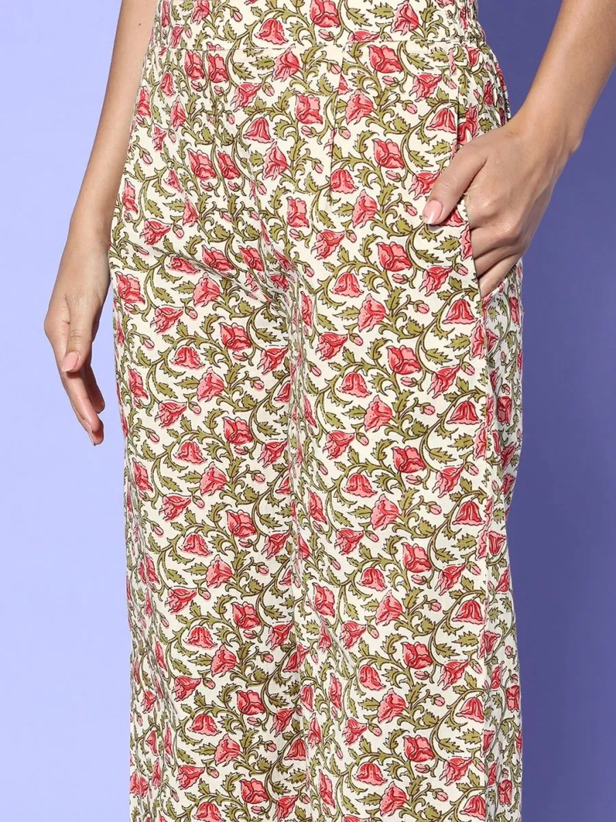 All About You Cream-Coloured Floral Printed Pure Cotton Kurta With Trousers