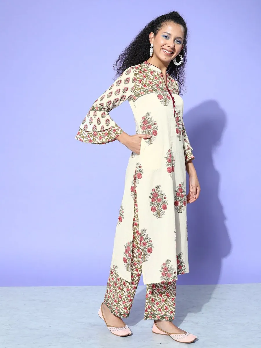 All About You Cream-Coloured Floral Printed Pure Cotton Kurta With Trousers