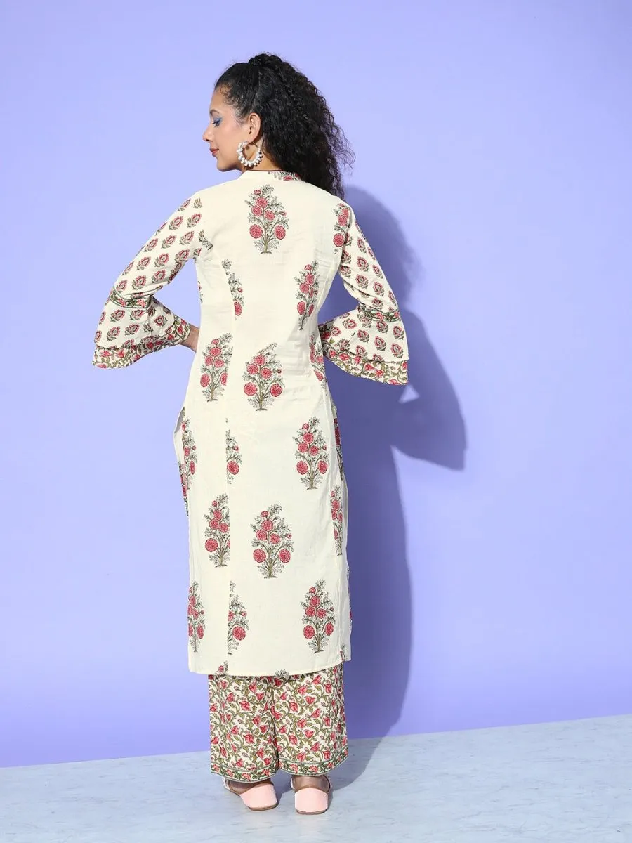 All About You Cream-Coloured Floral Printed Pure Cotton Kurta With Trousers