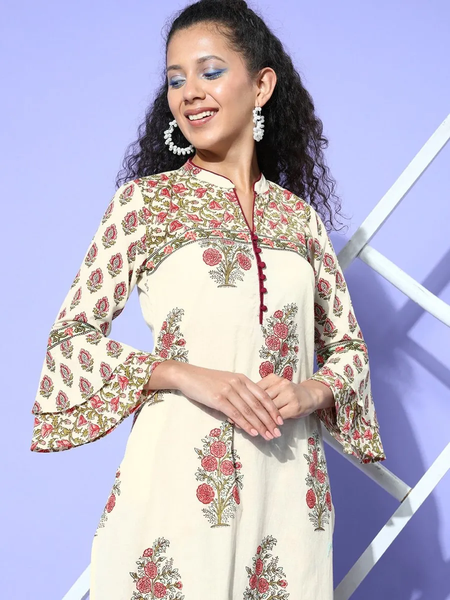 All About You Cream-Coloured Floral Printed Pure Cotton Kurta With Trousers