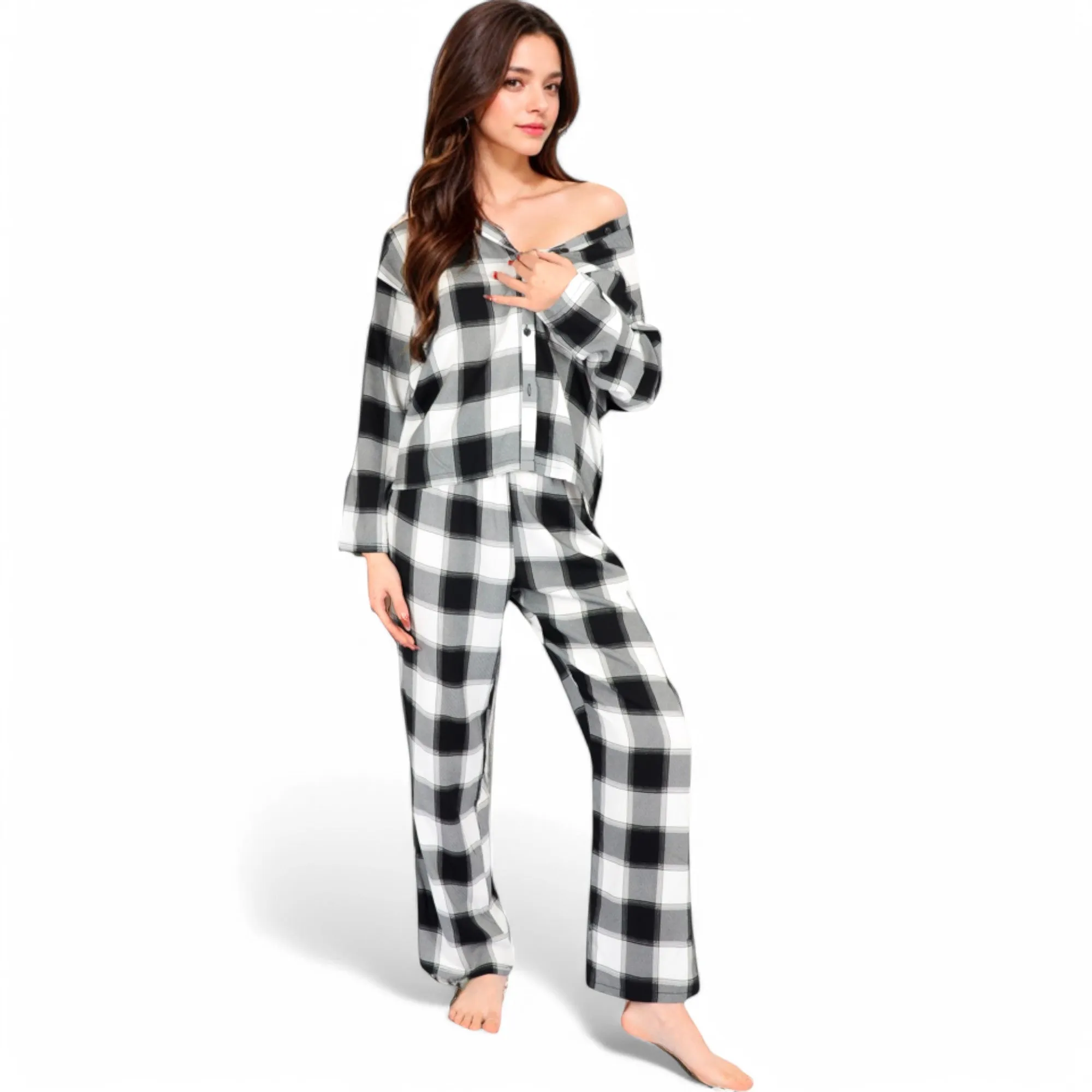 Anna-Kaci Women's Classic Black and White Plaid Pajama Set with Button-Up Long Sleeve Top and Relaxed Fit Pants