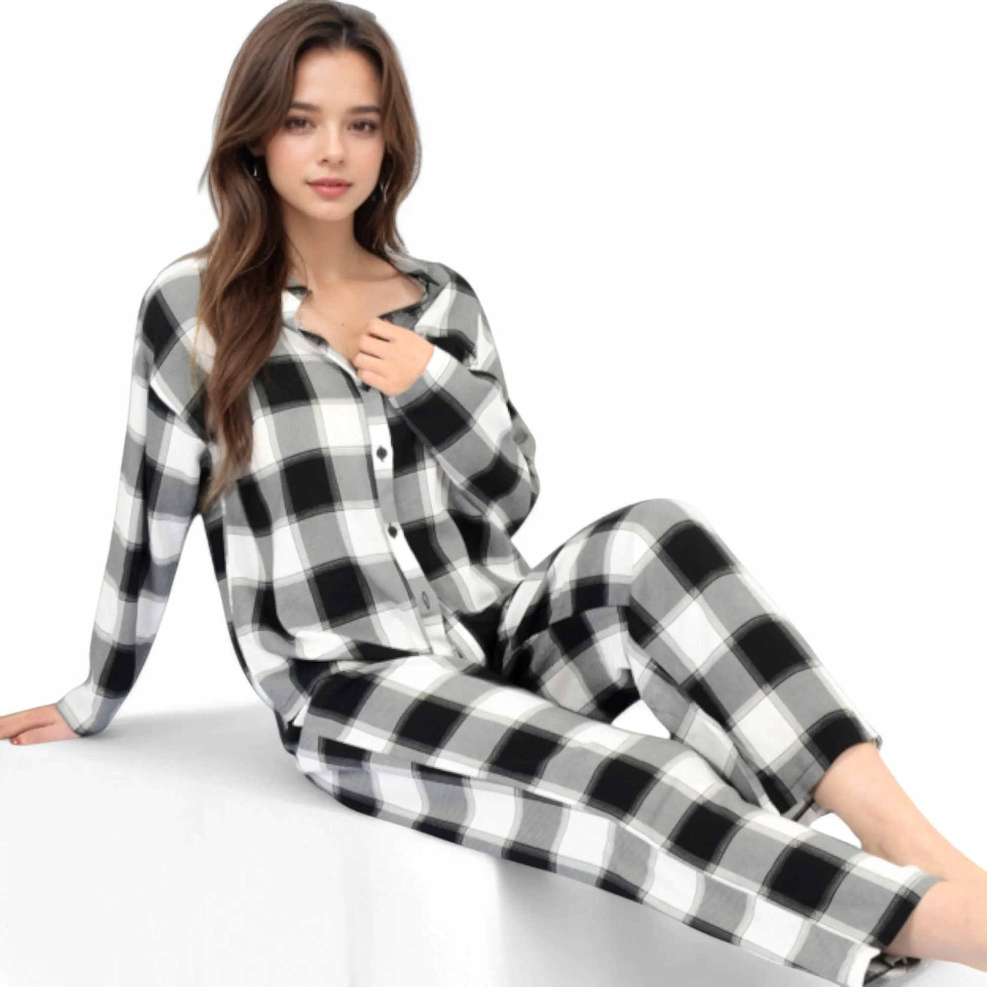 Anna-Kaci Women's Classic Black and White Plaid Pajama Set with Button-Up Long Sleeve Top and Relaxed Fit Pants