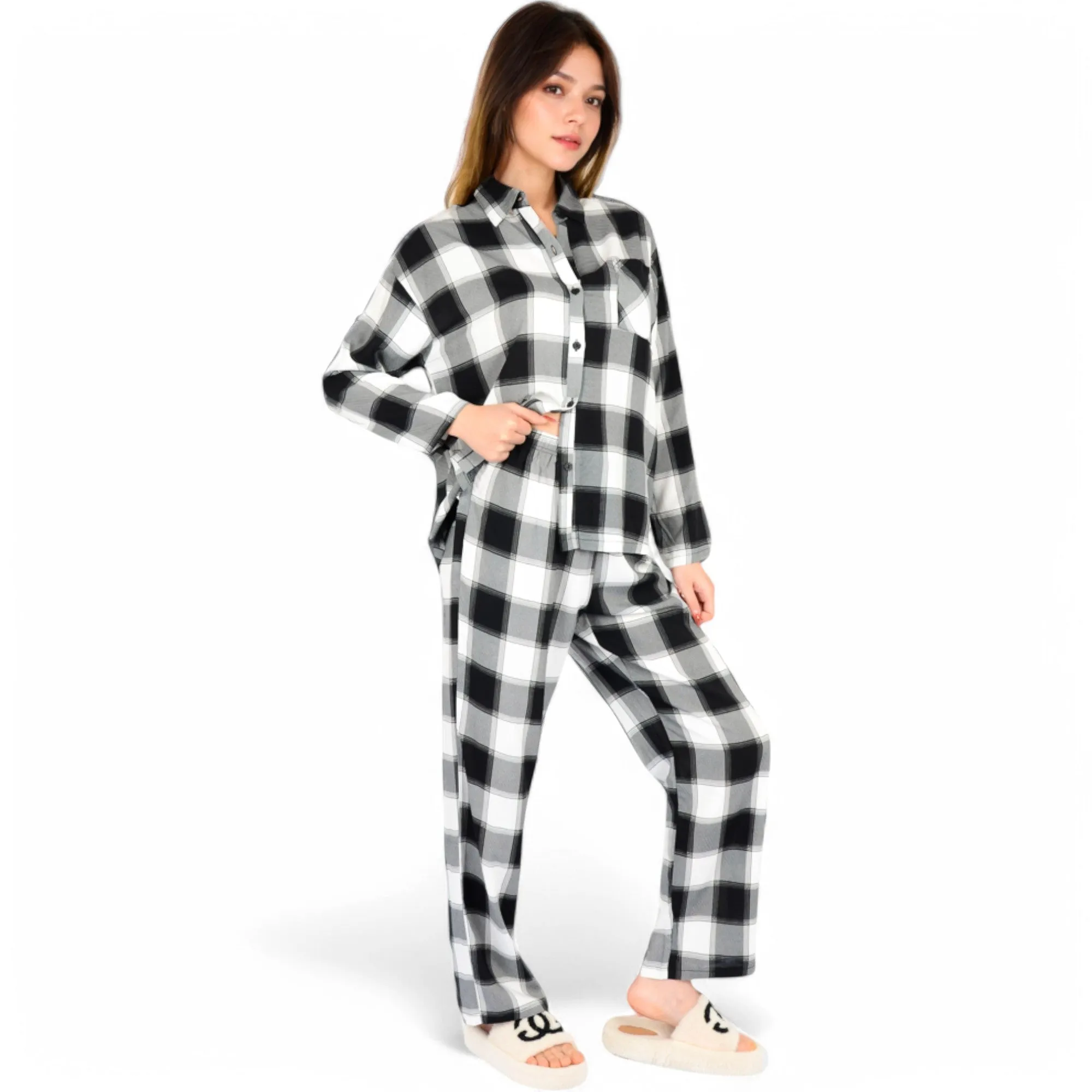 Anna-Kaci Women's Classic Black and White Plaid Pajama Set with Button-Up Long Sleeve Top and Relaxed Fit Pants