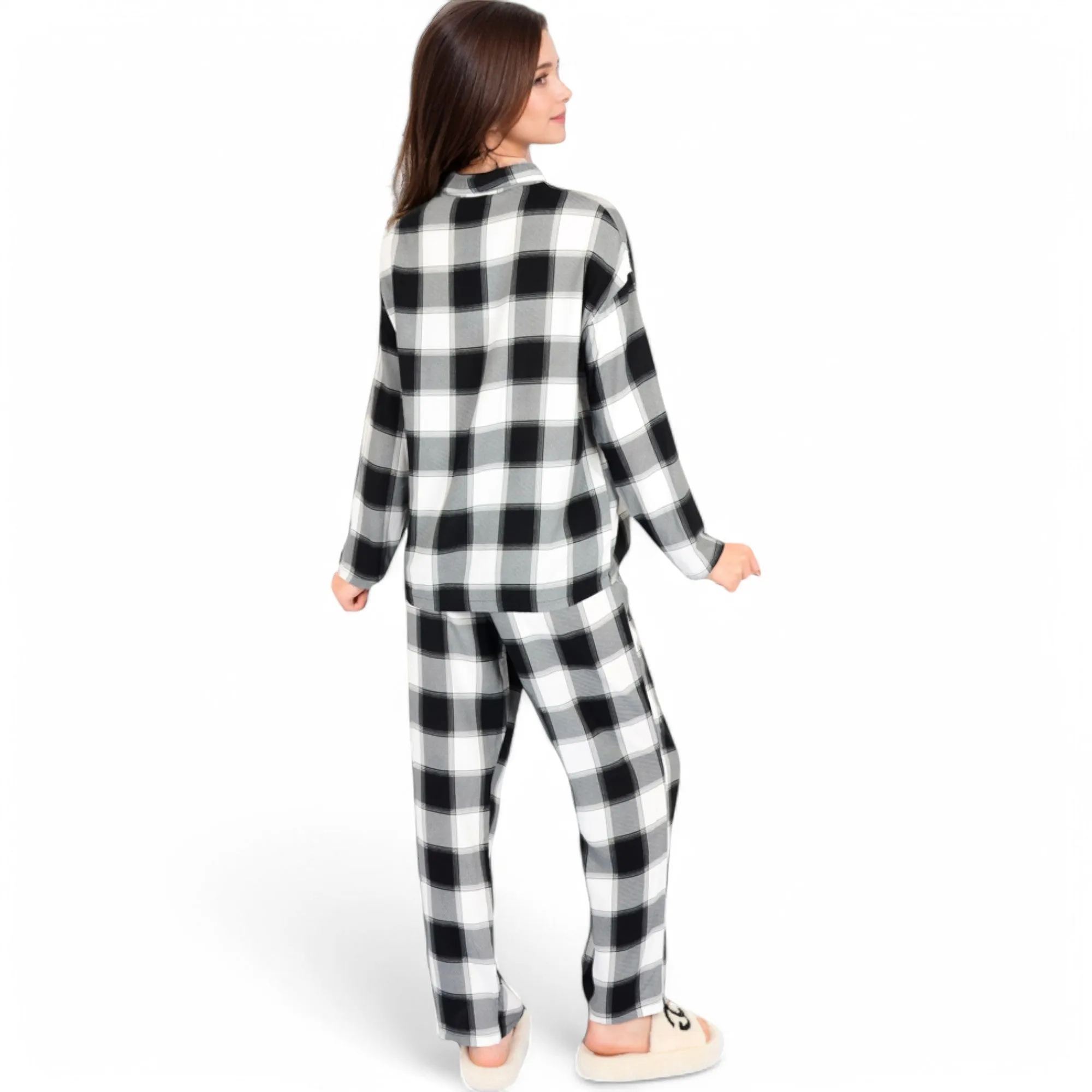 Anna-Kaci Women's Classic Black and White Plaid Pajama Set with Button-Up Long Sleeve Top and Relaxed Fit Pants