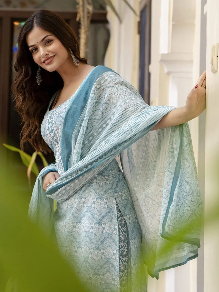 Anouk Blue Floral Printed Square Neck Pure Cotton Straight Kurta With Trousers & Dupatta