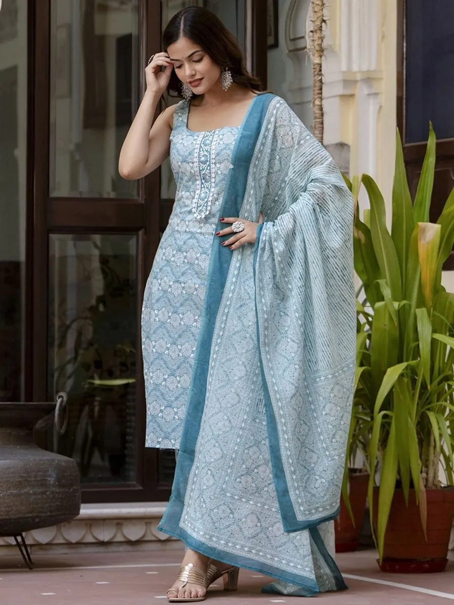 Anouk Blue Floral Printed Square Neck Pure Cotton Straight Kurta With Trousers & Dupatta