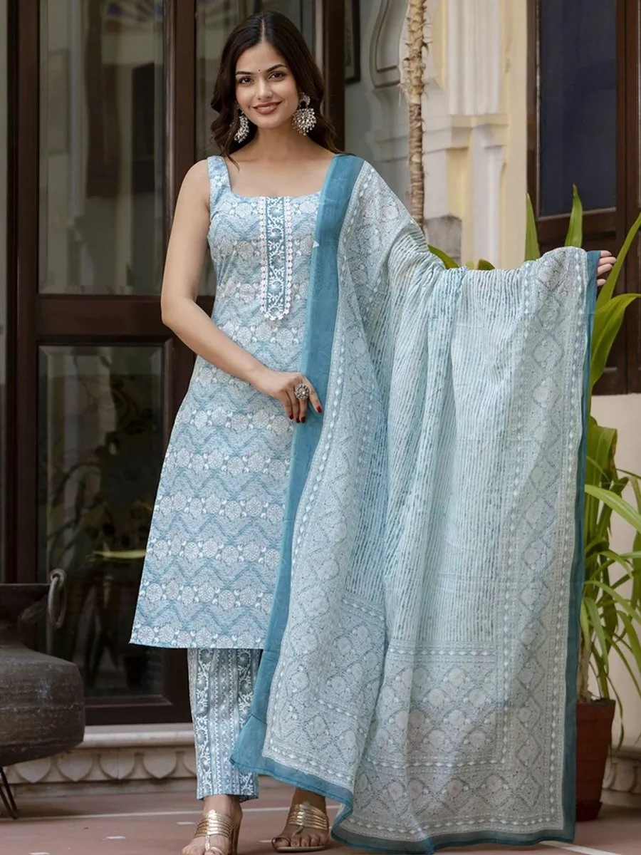 Anouk Blue Floral Printed Square Neck Pure Cotton Straight Kurta With Trousers & Dupatta
