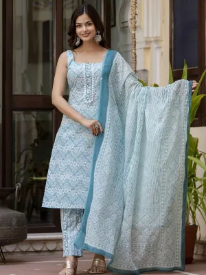 Anouk Blue Floral Printed Square Neck Pure Cotton Straight Kurta With Trousers & Dupatta
