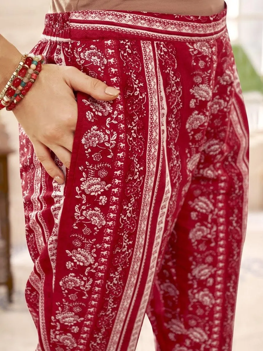Anouk Women Floral Printed Pleated Pure Cotton Kurta with Trousers & With Dupatta