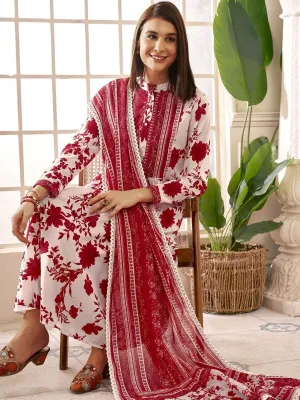 Anouk Women Floral Printed Pleated Pure Cotton Kurta with Trousers & With Dupatta