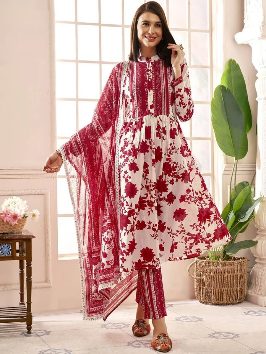 Anouk Women Floral Printed Pleated Pure Cotton Kurta with Trousers & With Dupatta