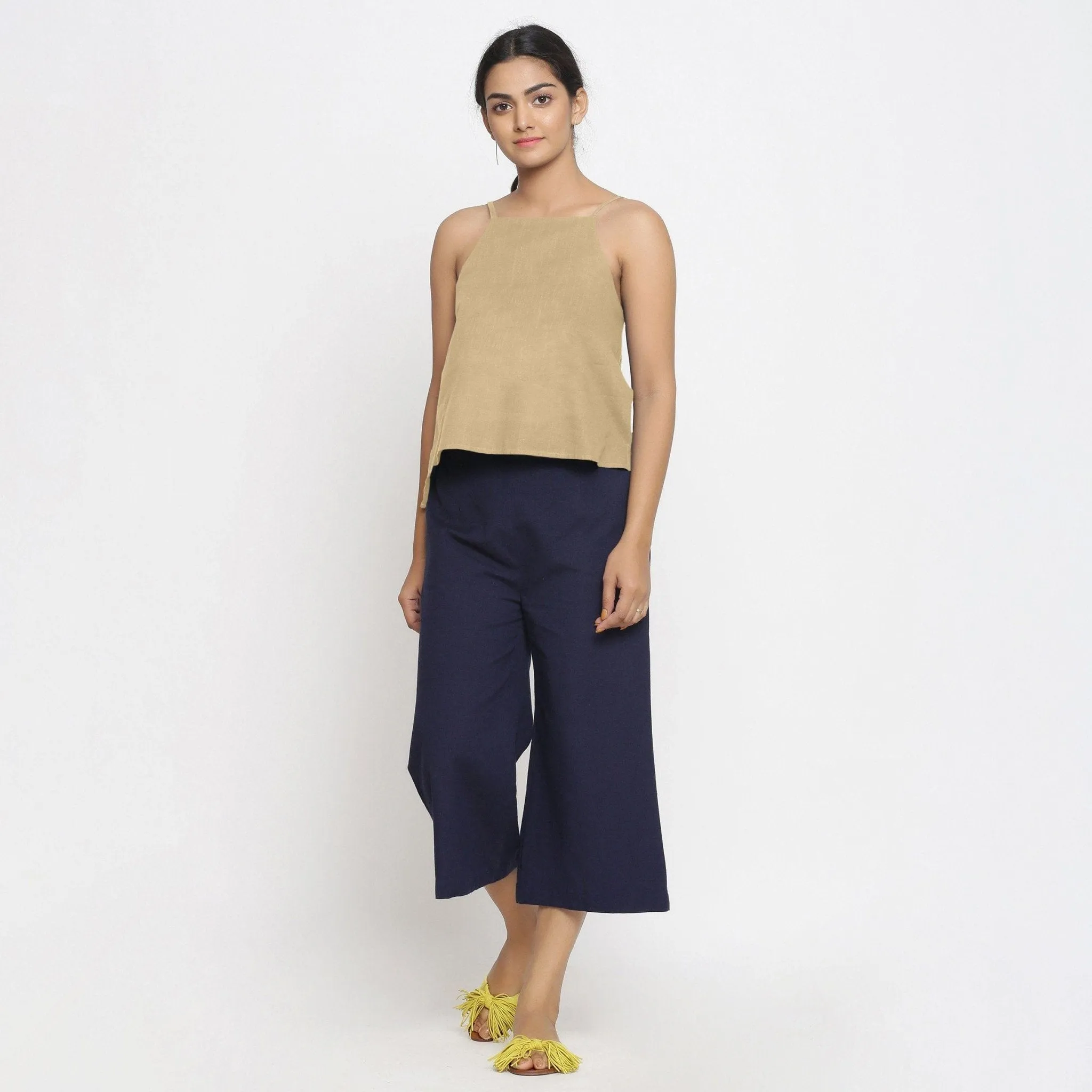 Beige 100% Cotton Strap Sleeve Spaghetti Top