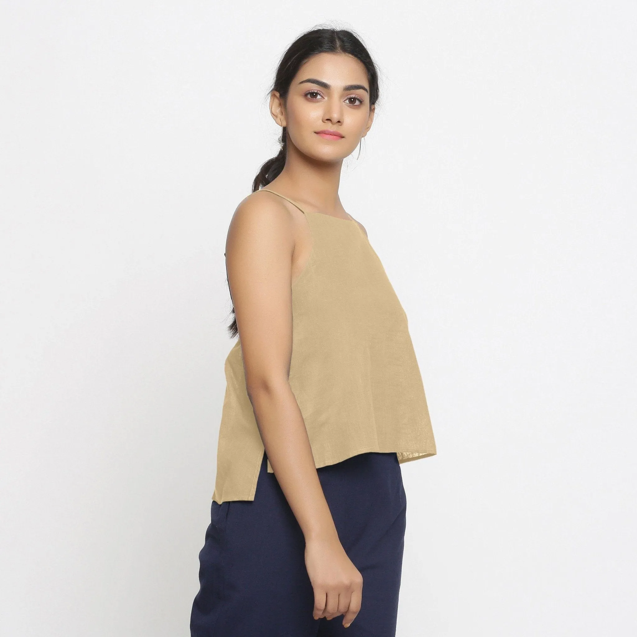Beige 100% Cotton Strap Sleeve Spaghetti Top