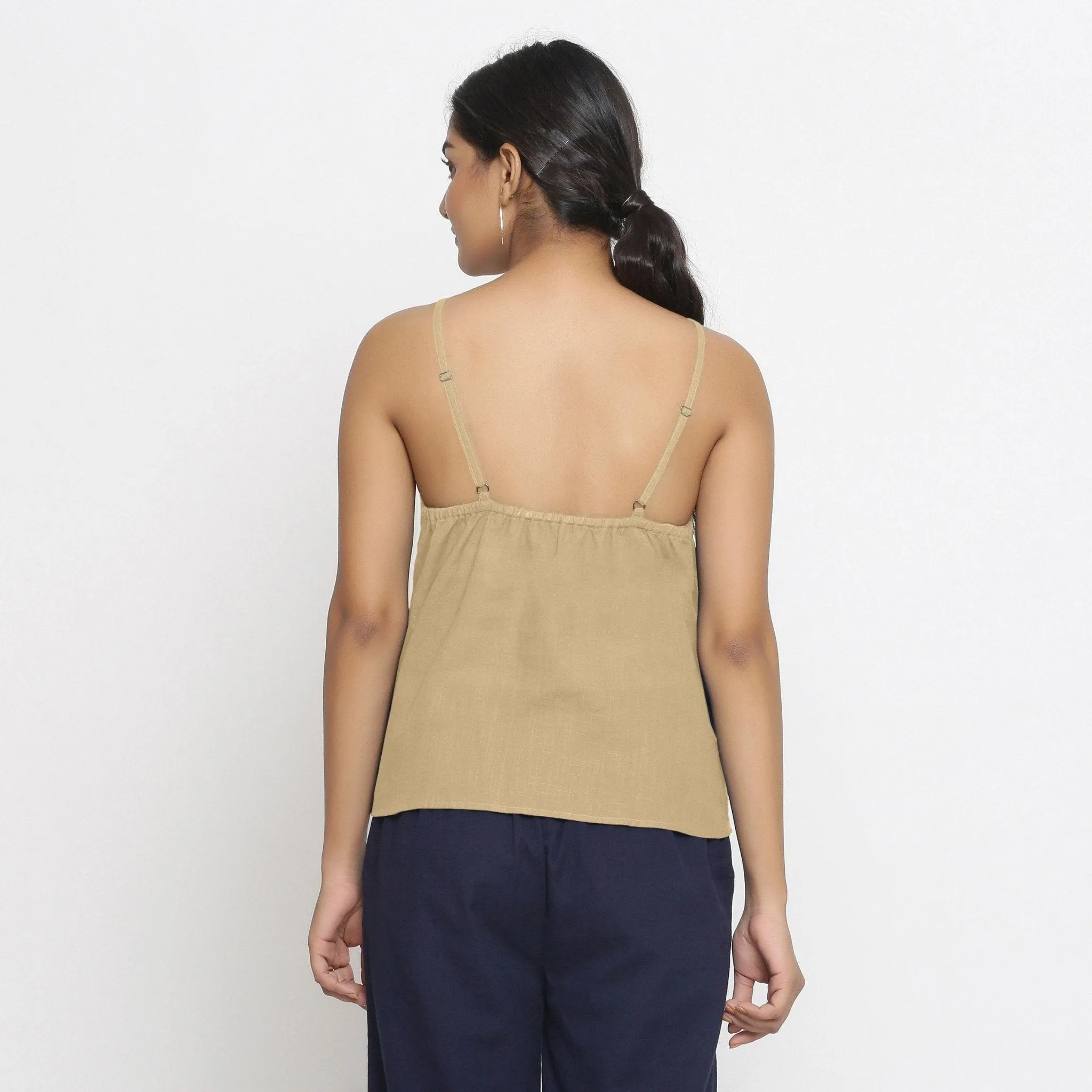 Beige 100% Cotton Strap Sleeve Spaghetti Top