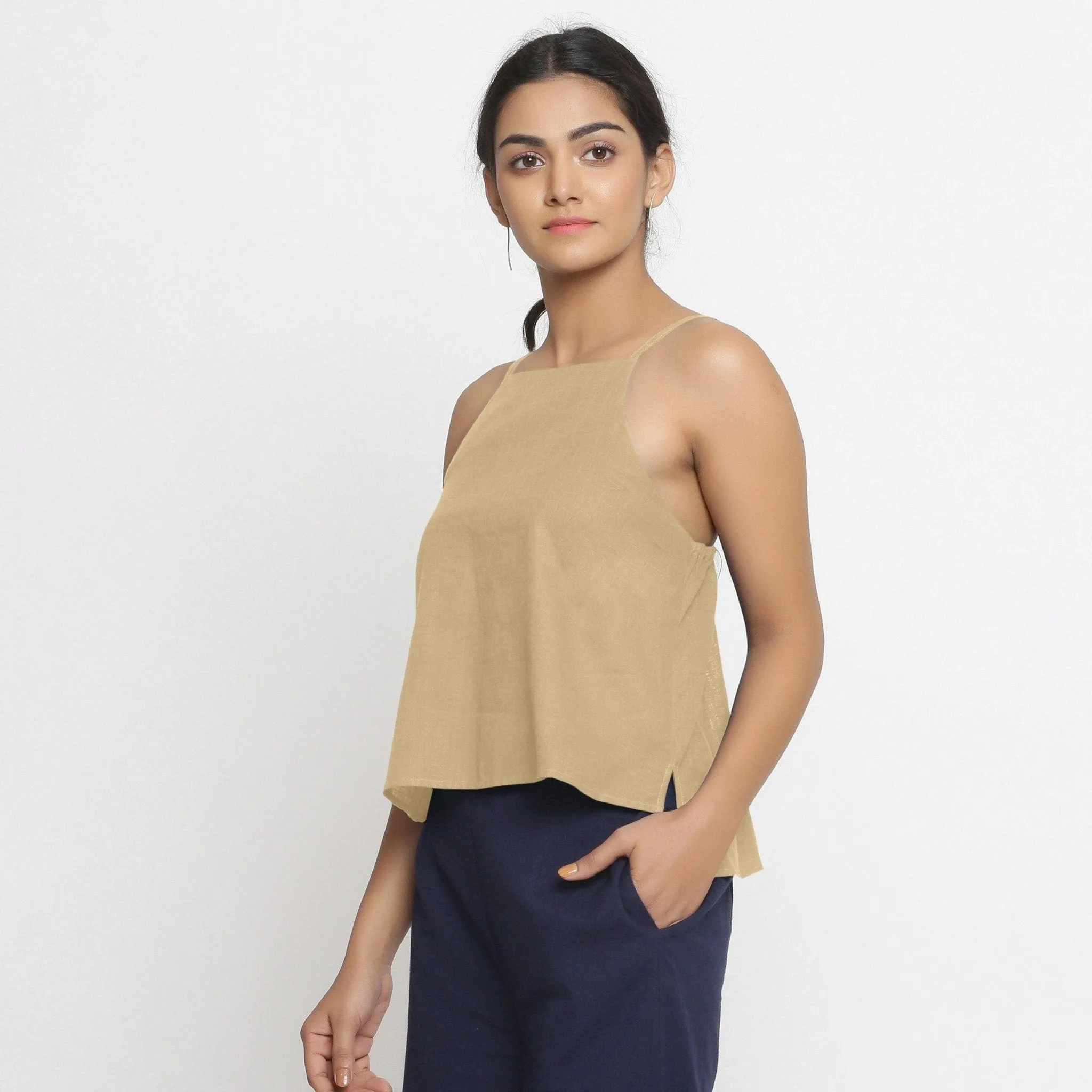 Beige 100% Cotton Strap Sleeve Spaghetti Top