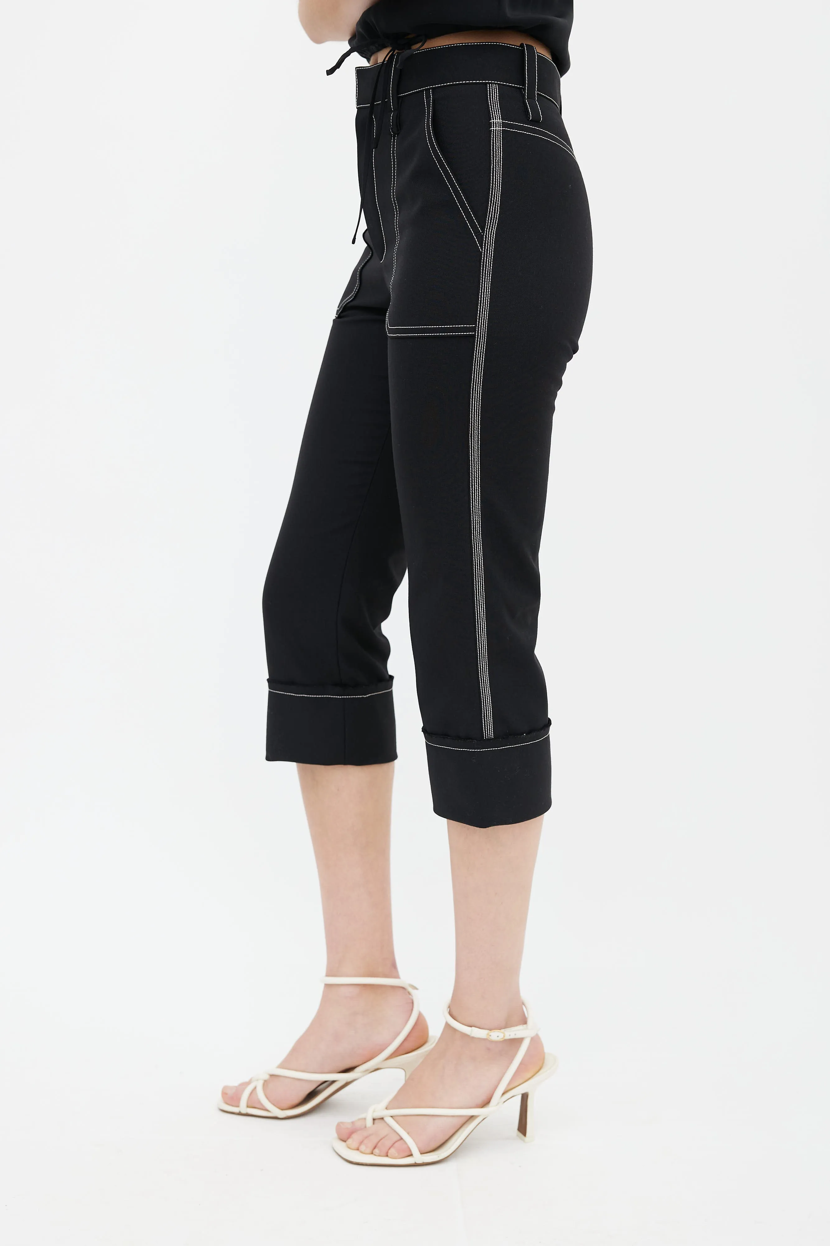 Black Contrast Stitch Slim Capri