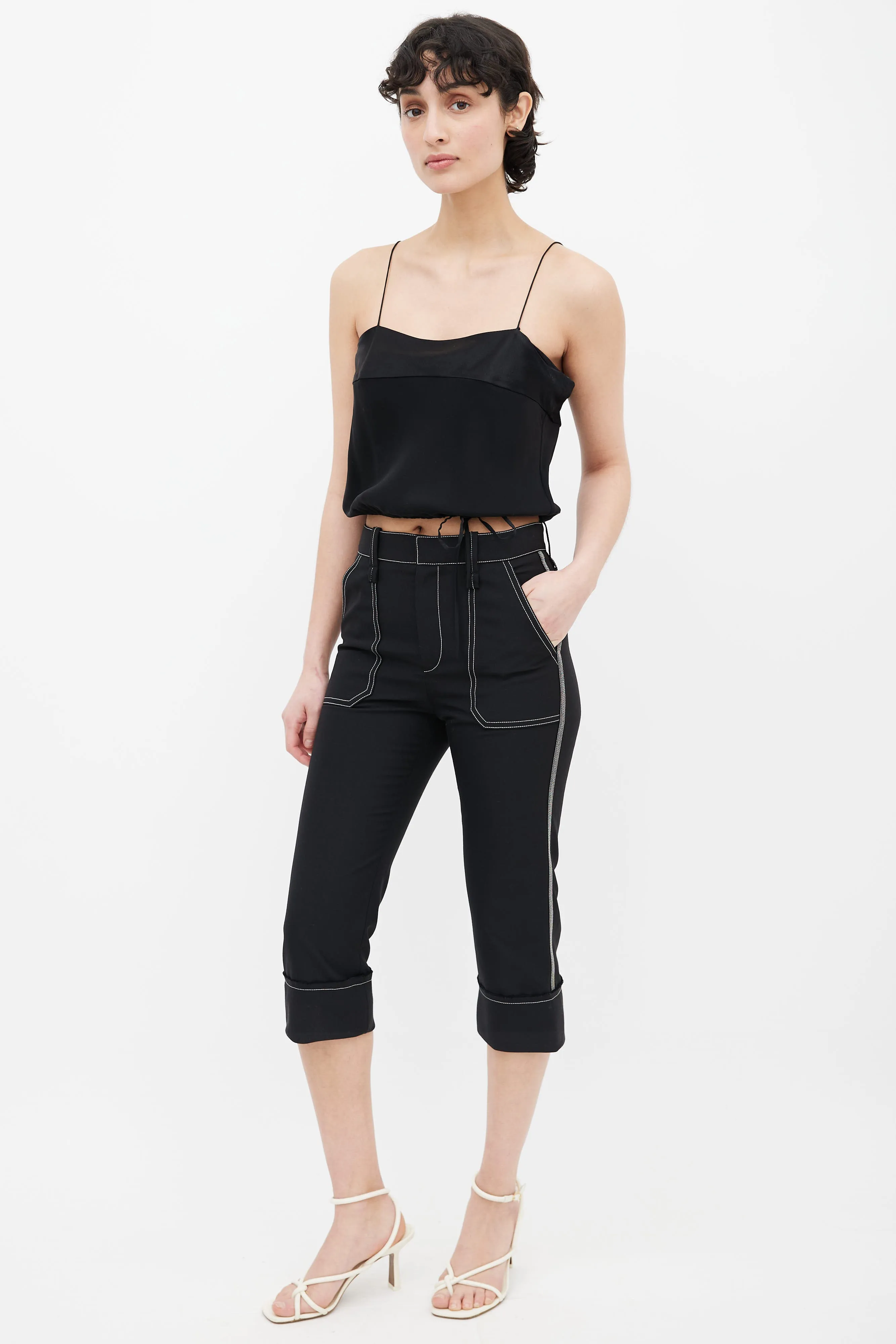 Black Contrast Stitch Slim Capri