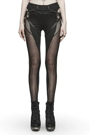 Black Mesh Inlay Gothic Style Skinny Pants-Leggings