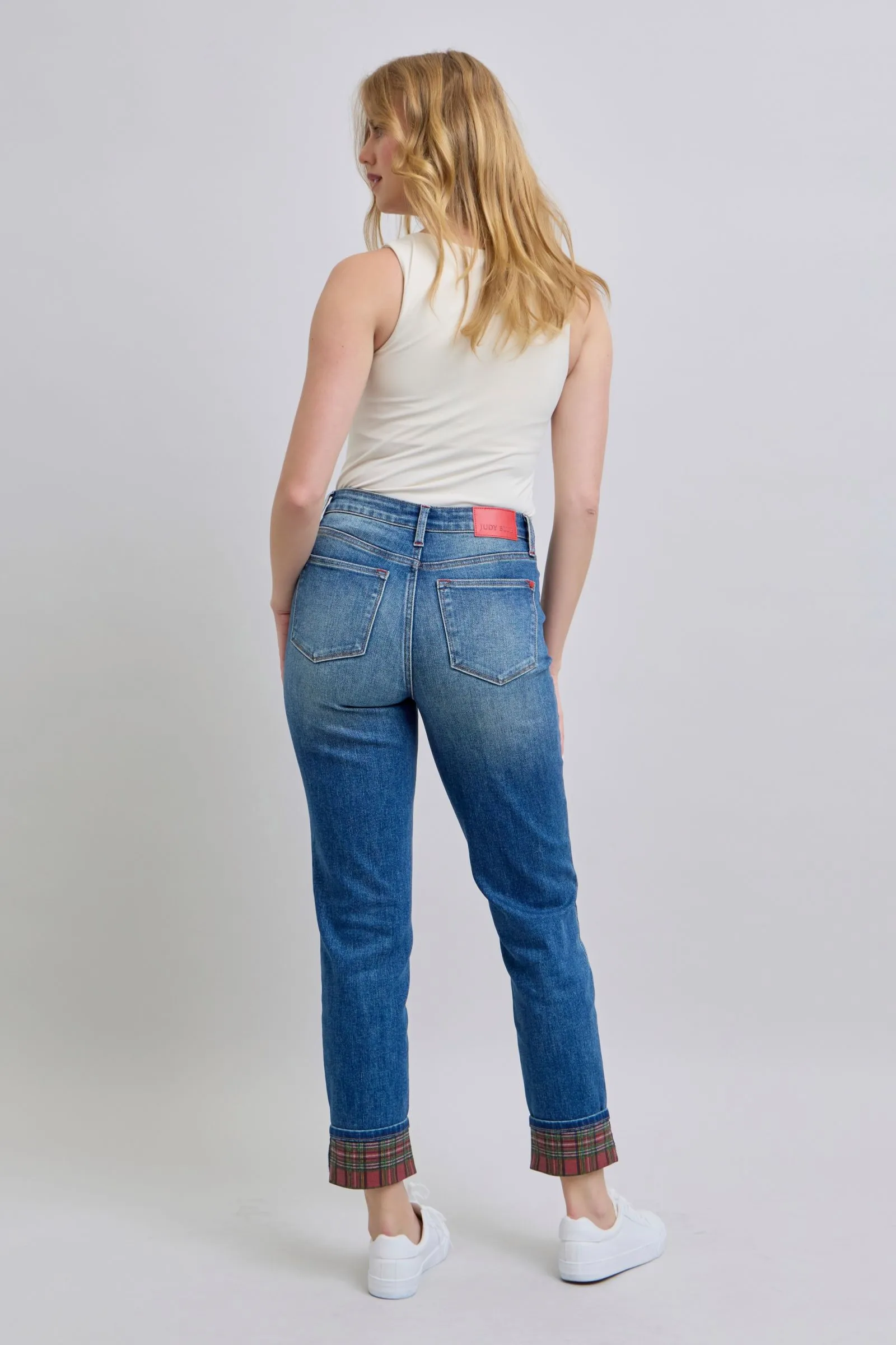 Blue Zone Planet |  Judy Blue Full Size Plaid Print Cuff Straight Leg Jeans with Pockets