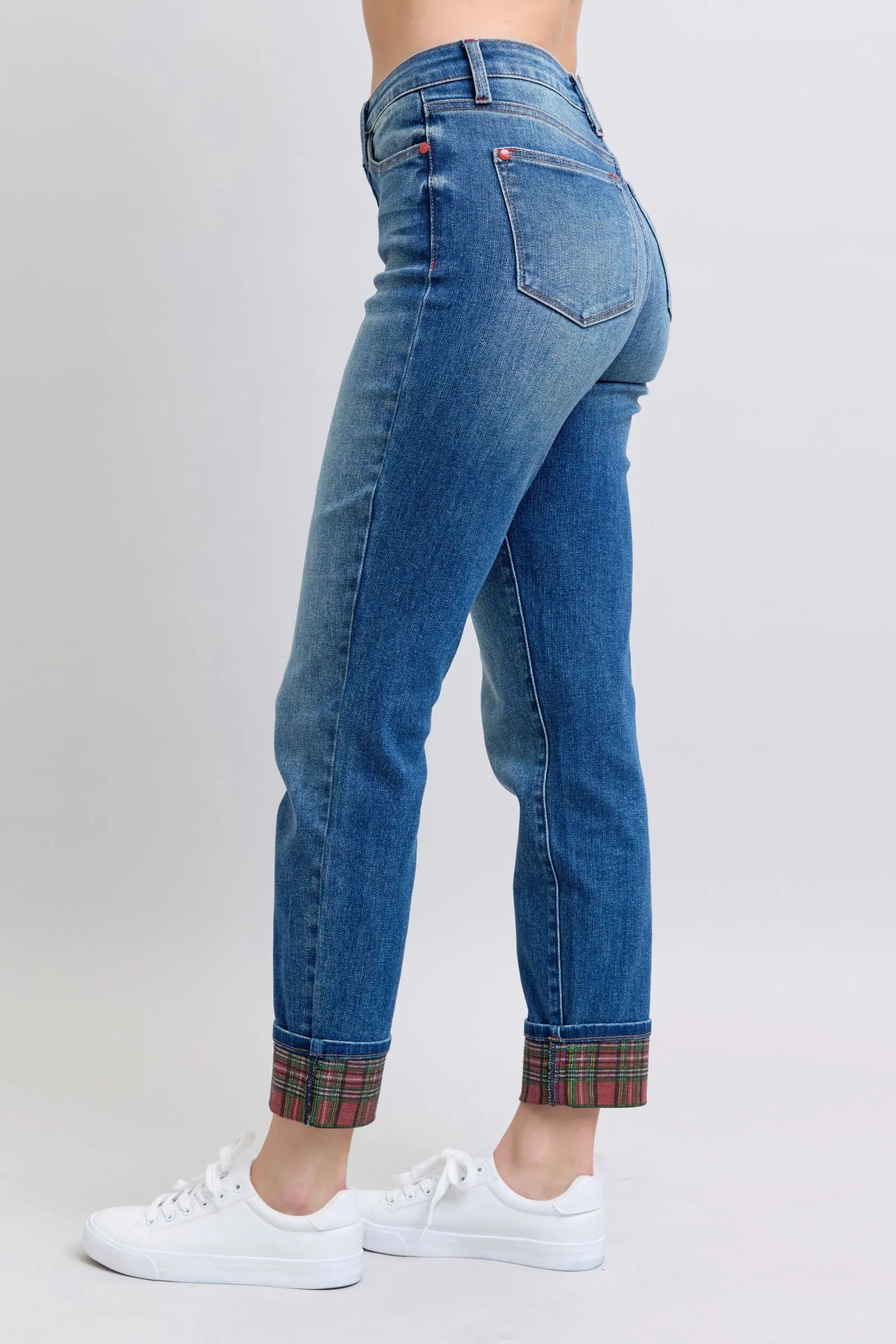 Blue Zone Planet |  Judy Blue Full Size Plaid Print Cuff Straight Leg Jeans with Pockets