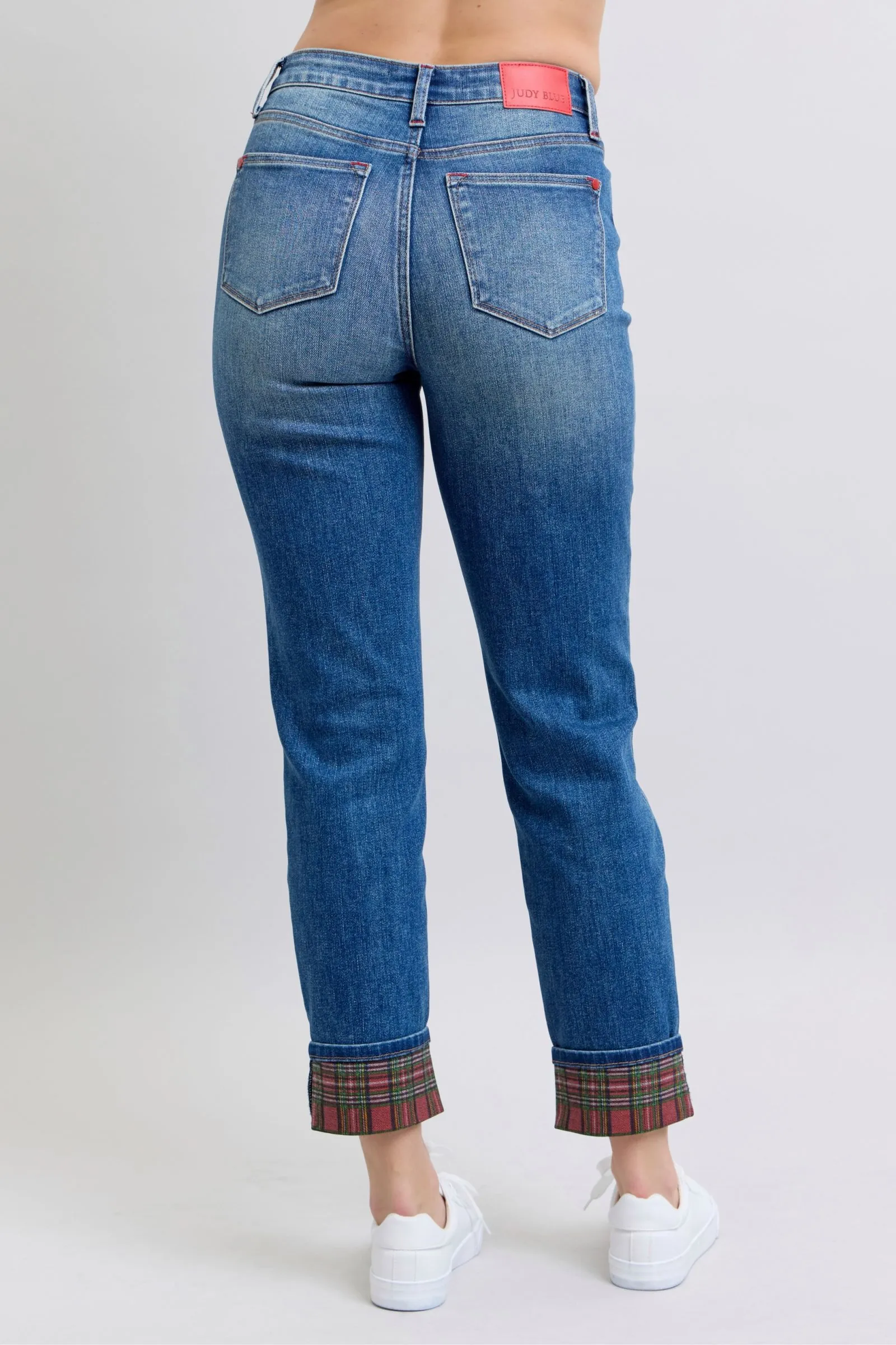 Blue Zone Planet |  Judy Blue Full Size Plaid Print Cuff Straight Leg Jeans with Pockets