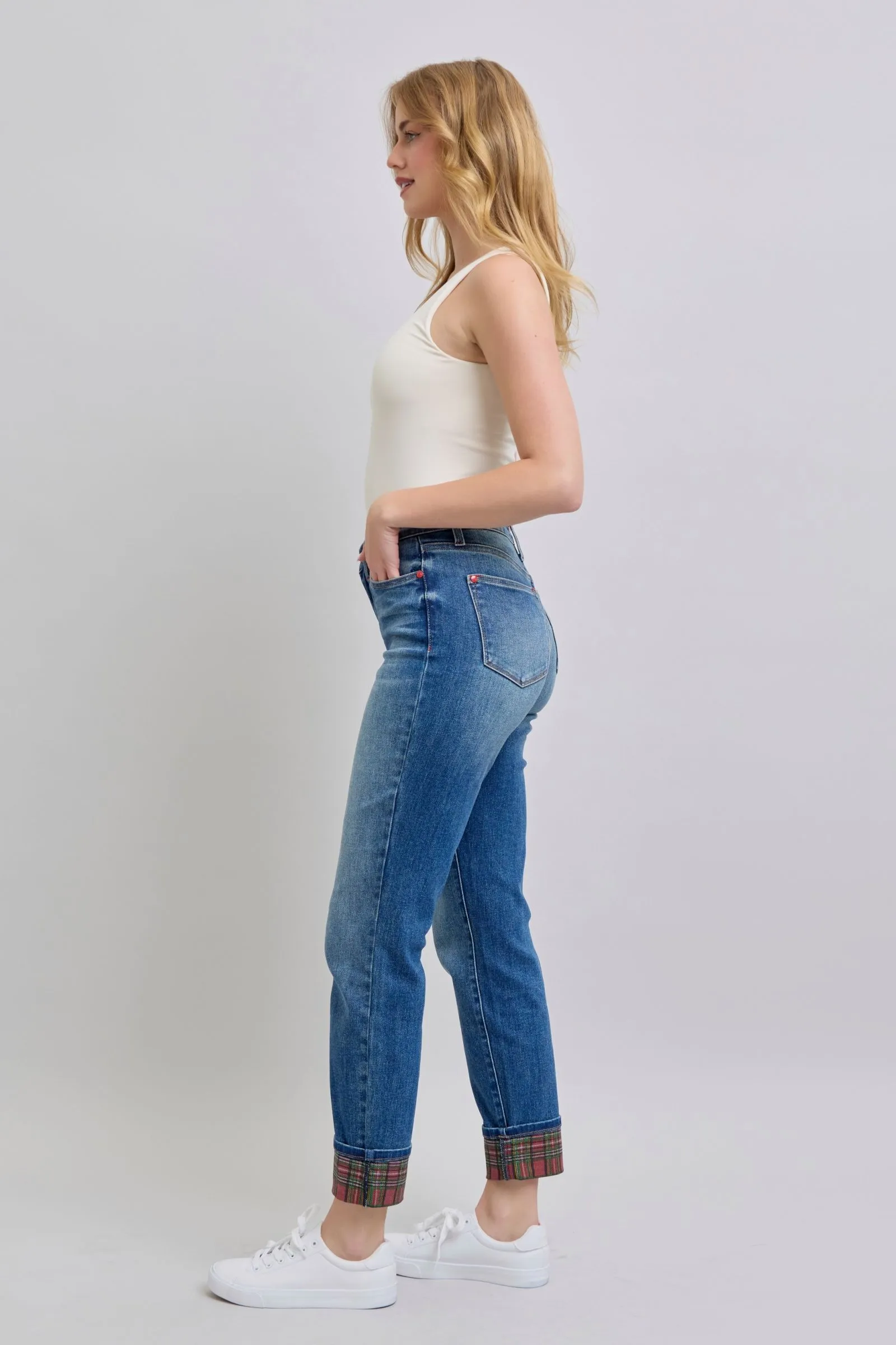Blue Zone Planet |  Judy Blue Full Size Plaid Print Cuff Straight Leg Jeans with Pockets
