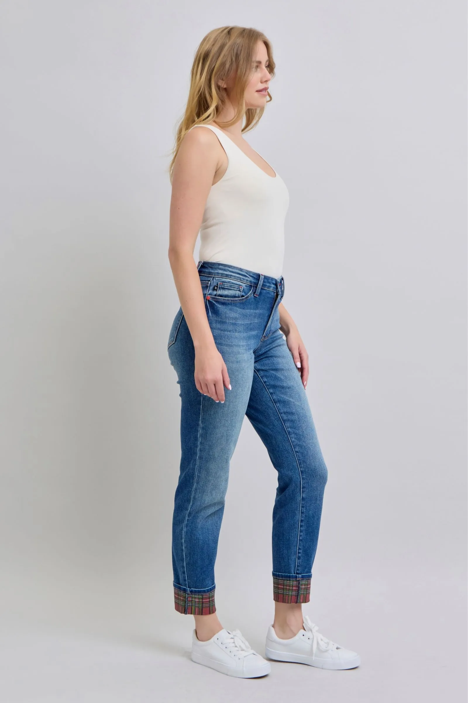 Blue Zone Planet |  Judy Blue Full Size Plaid Print Cuff Straight Leg Jeans with Pockets