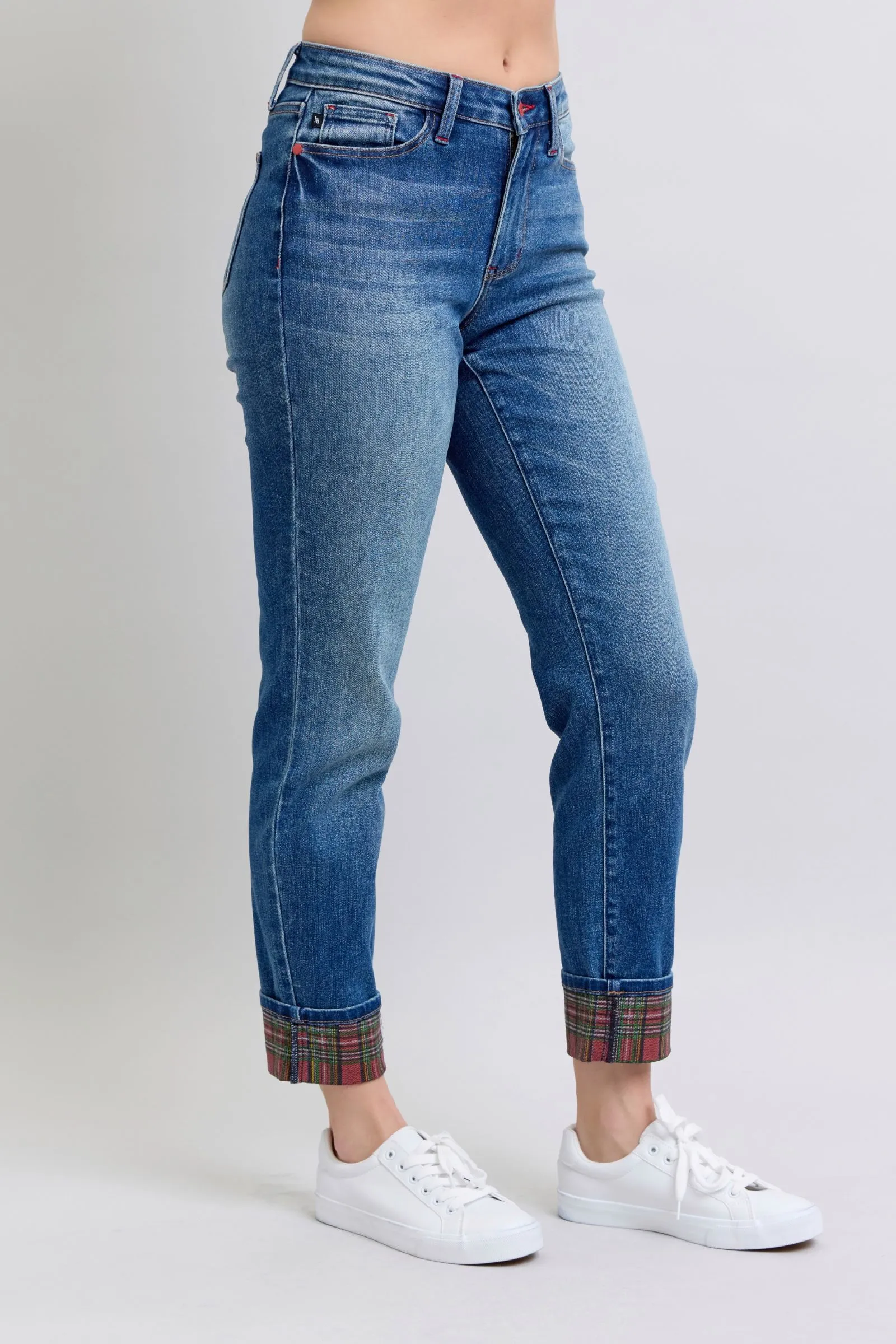 Blue Zone Planet |  Judy Blue Full Size Plaid Print Cuff Straight Leg Jeans with Pockets