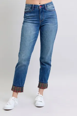 Blue Zone Planet |  Judy Blue Full Size Plaid Print Cuff Straight Leg Jeans with Pockets
