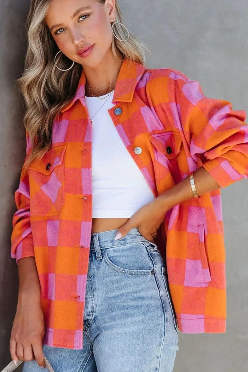 Blue Zone Planet |  Plaid Collared Neck Button Up Jacket