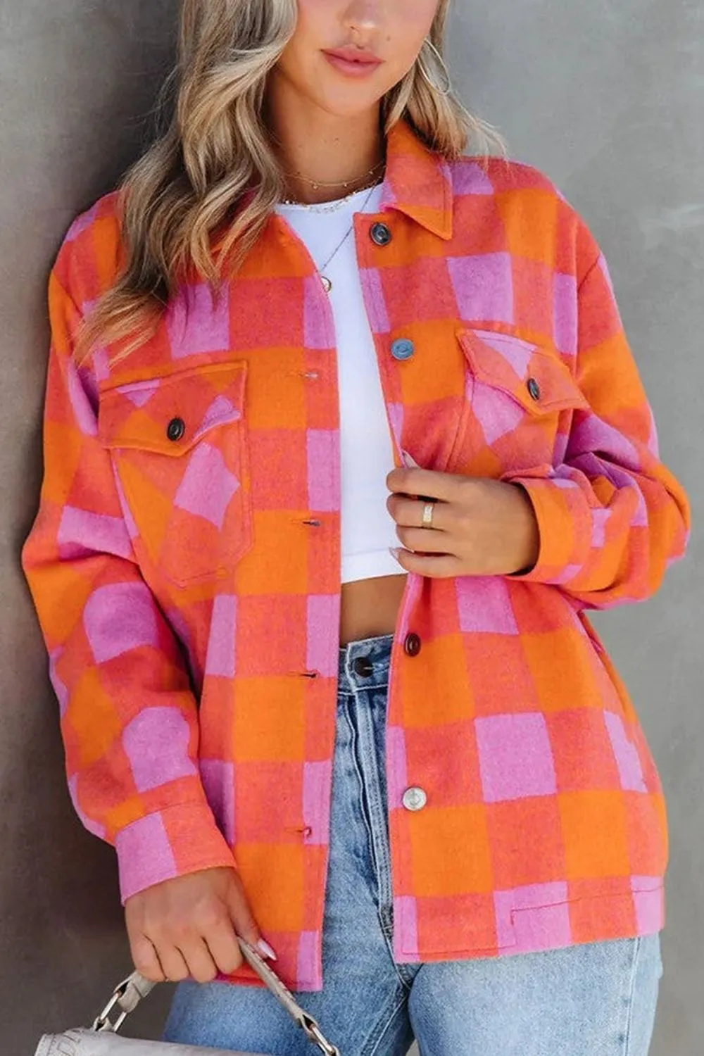 Blue Zone Planet |  Plaid Collared Neck Button Up Jacket