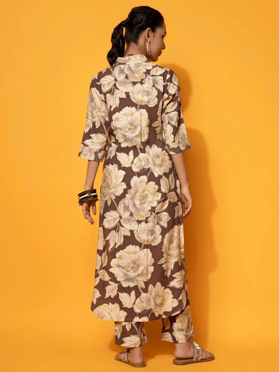 Brown Printed Silk Blend Co-Ords