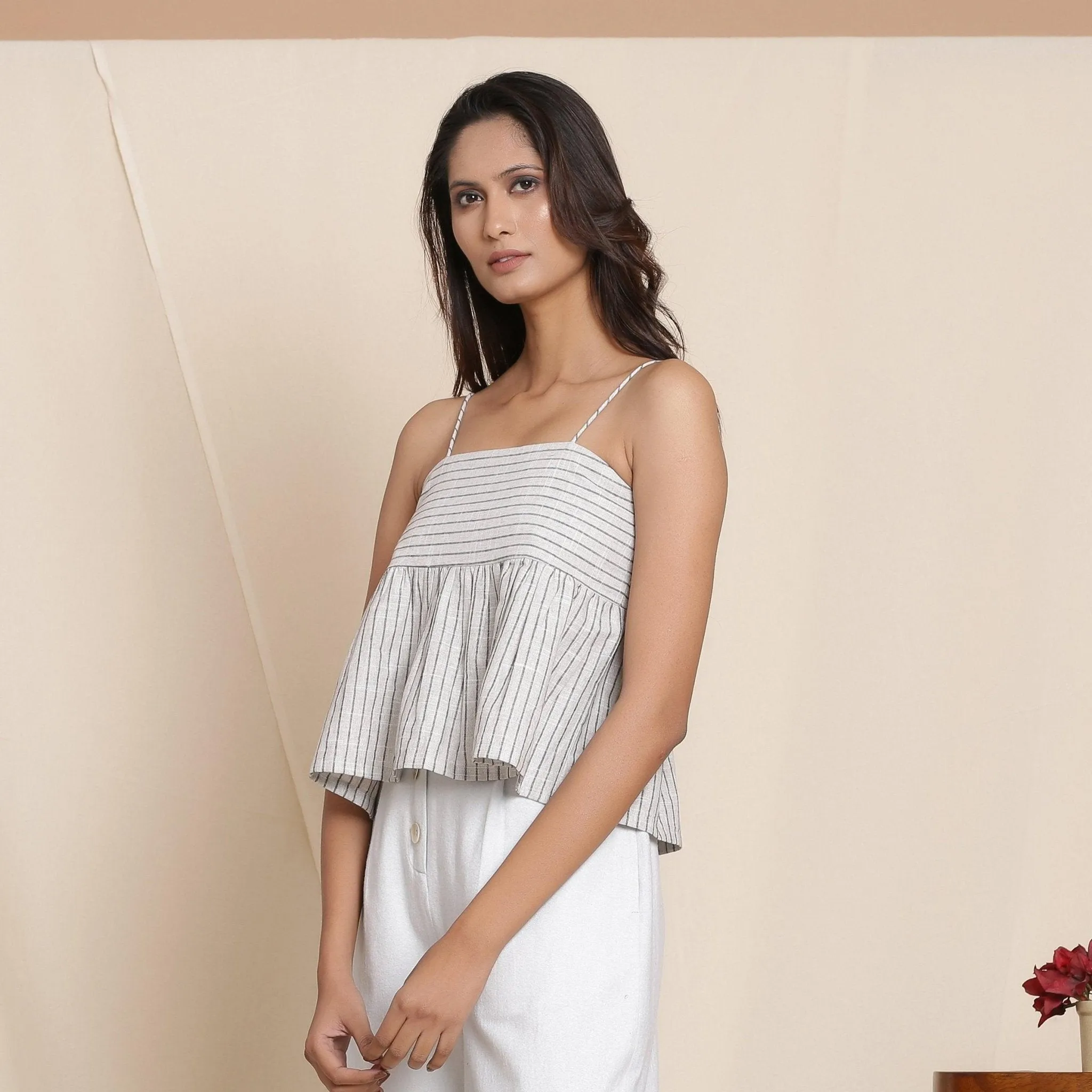Cloudy Grey Yarn Dyed Cotton Striped Yoked Top