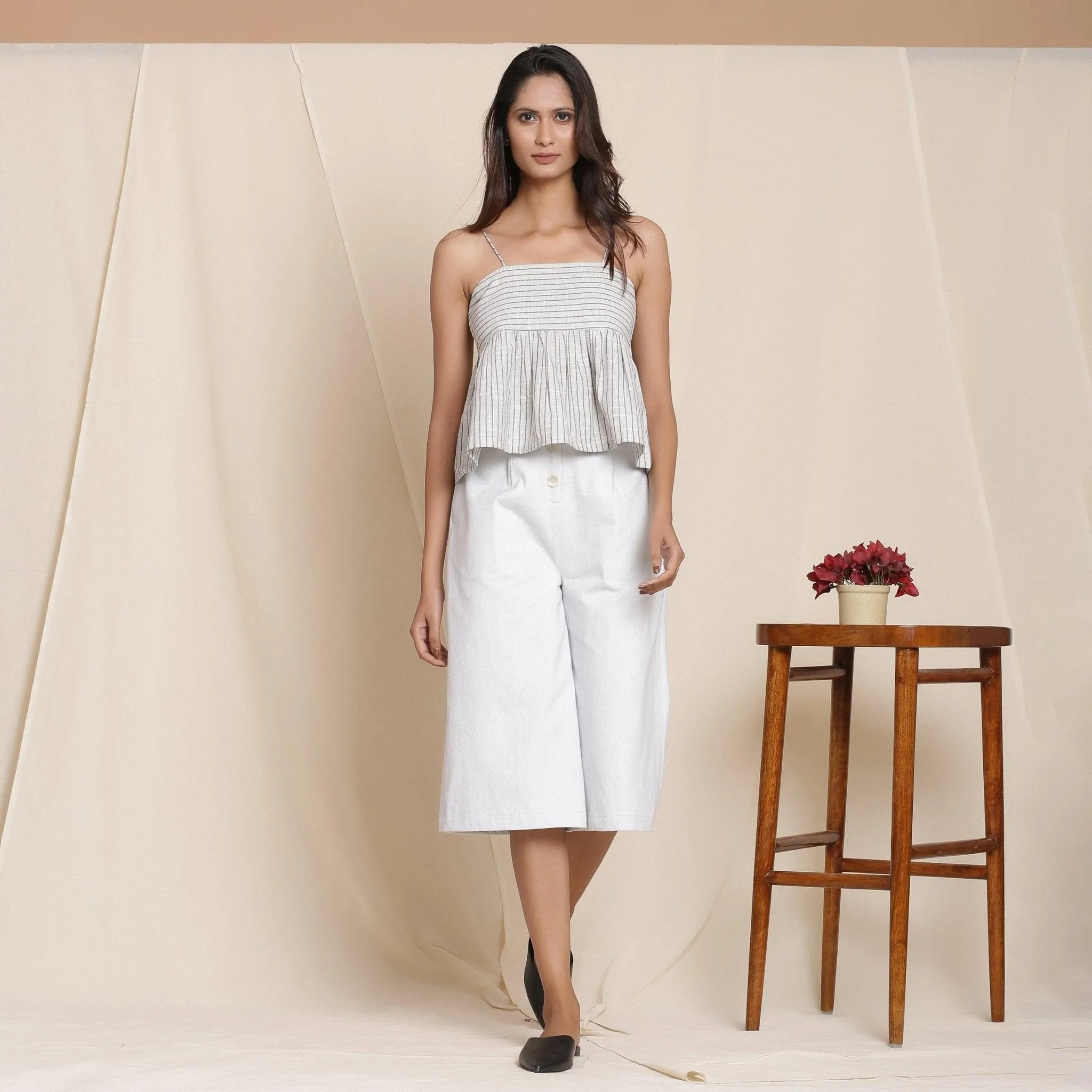 Cloudy Grey Yarn Dyed Cotton Striped Yoked Top