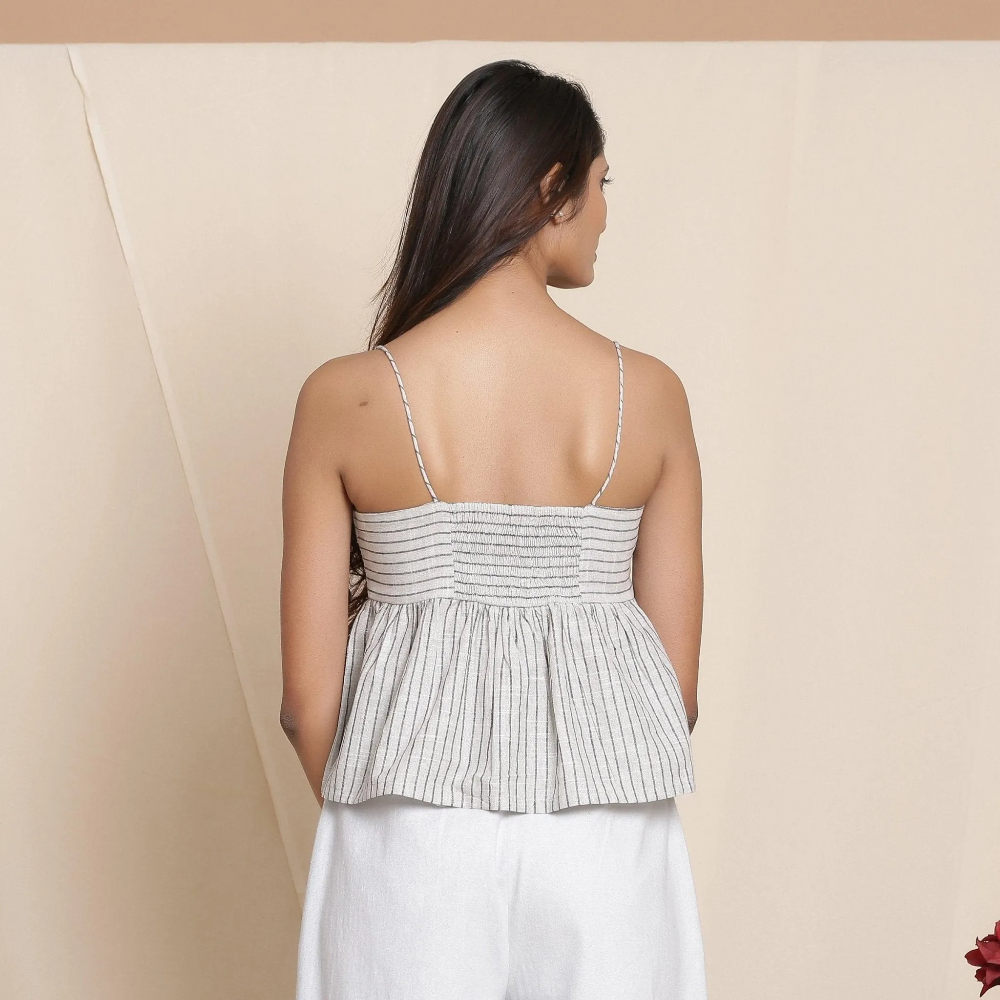 Cloudy Grey Yarn Dyed Cotton Striped Yoked Top