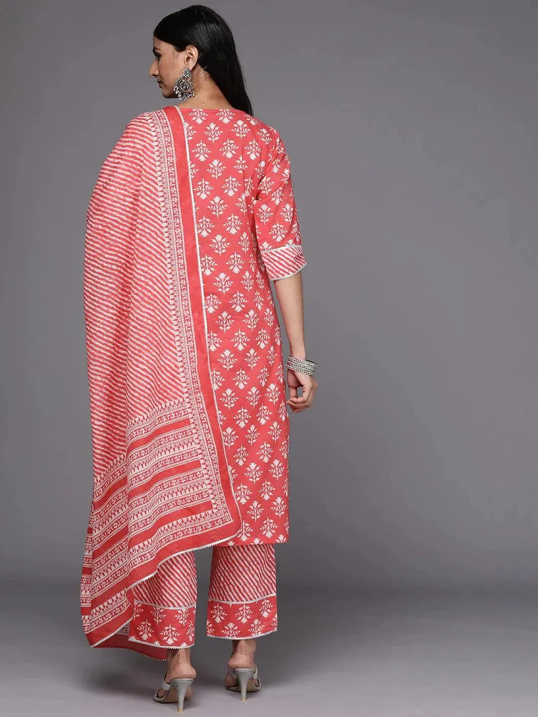 Coral Printed Cotton Straight Kurta With Trousers & Dupatta