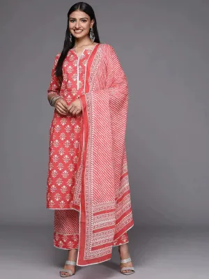 Coral Printed Cotton Straight Kurta With Trousers & Dupatta