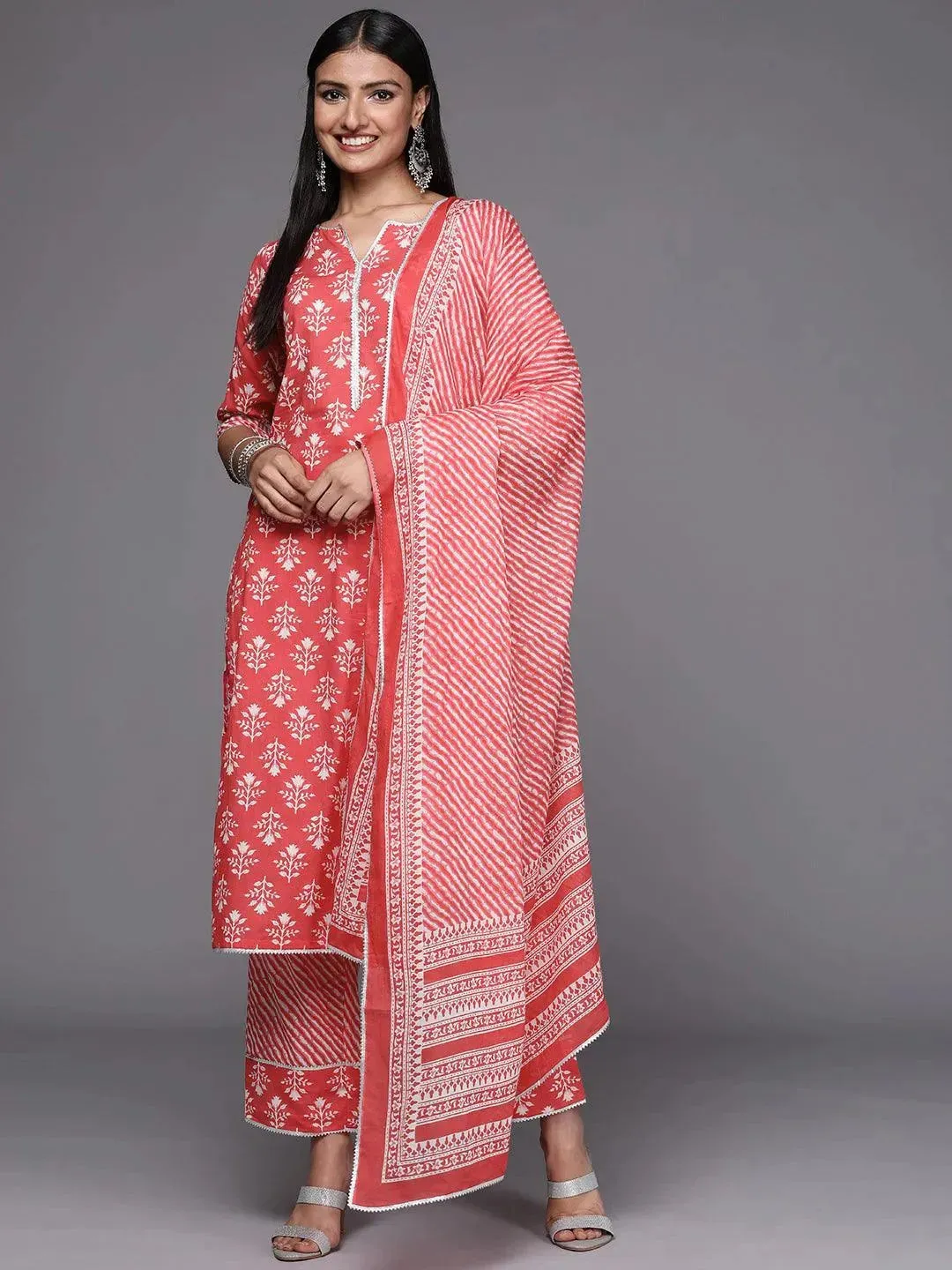 Coral Printed Cotton Straight Kurta With Trousers & Dupatta