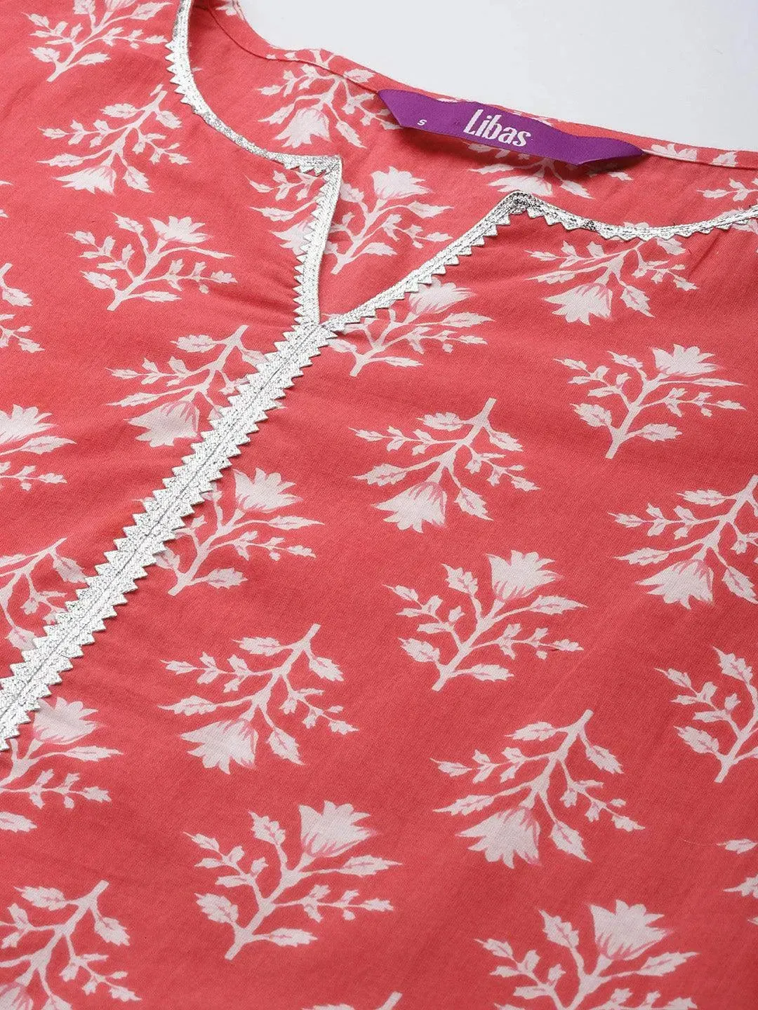 Coral Printed Cotton Straight Kurta With Trousers & Dupatta