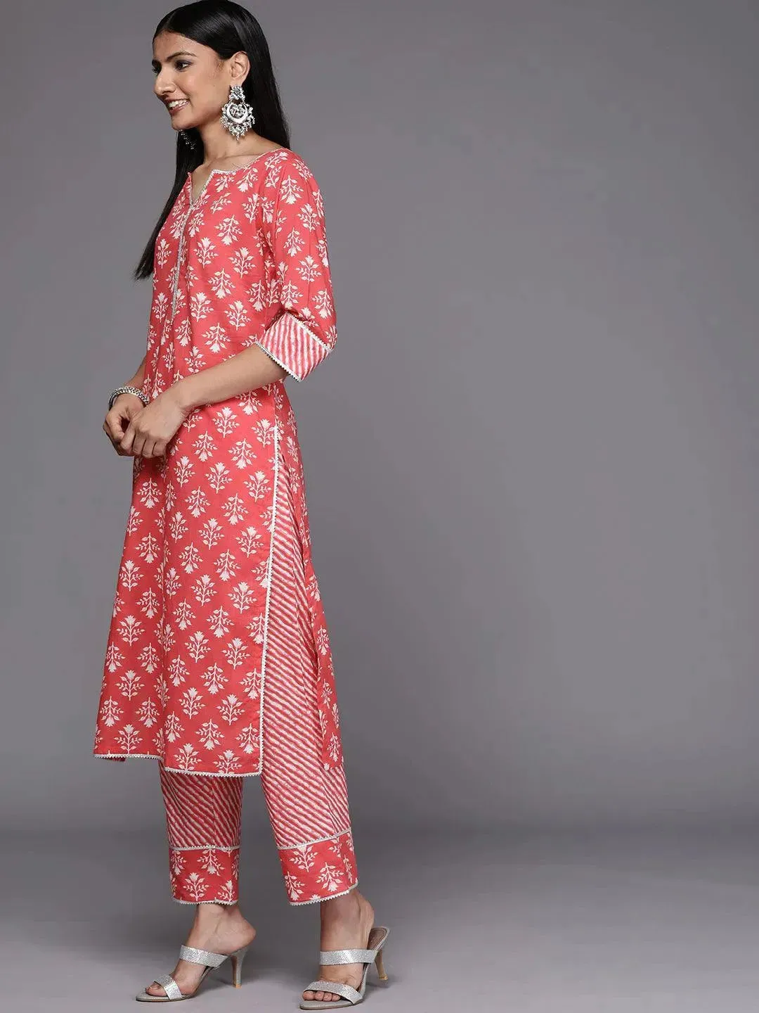 Coral Printed Cotton Straight Kurta With Trousers & Dupatta