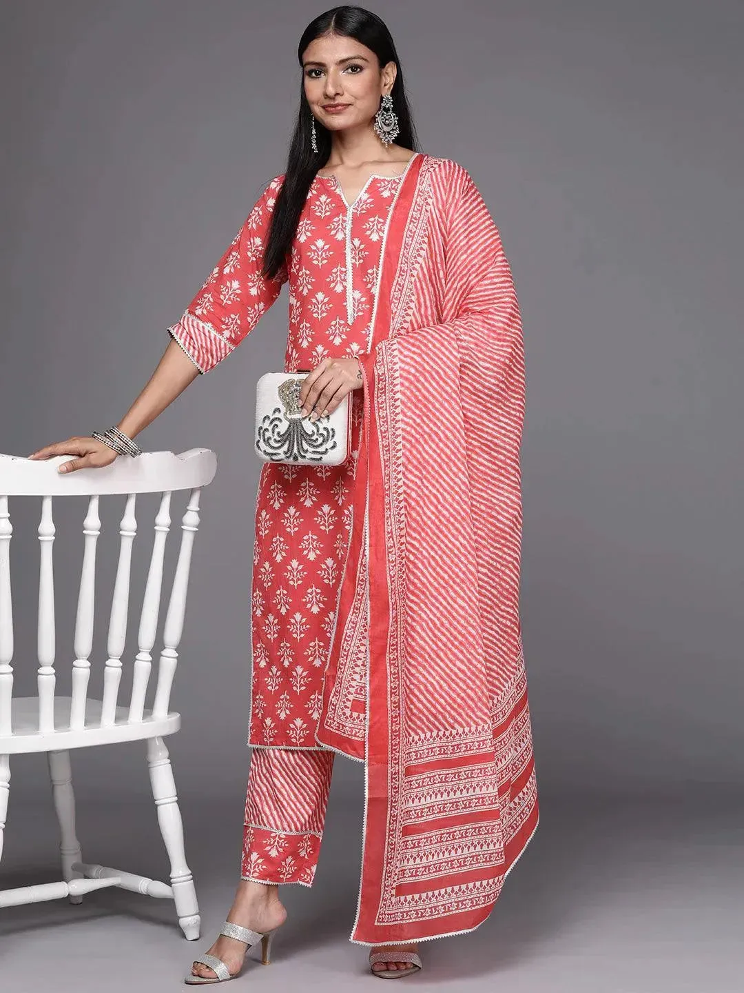 Coral Printed Cotton Straight Kurta With Trousers & Dupatta