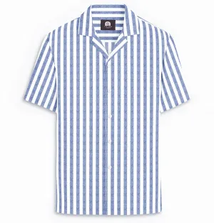 Cotton-Linen - Camp Collar - Blue and White Stripe
