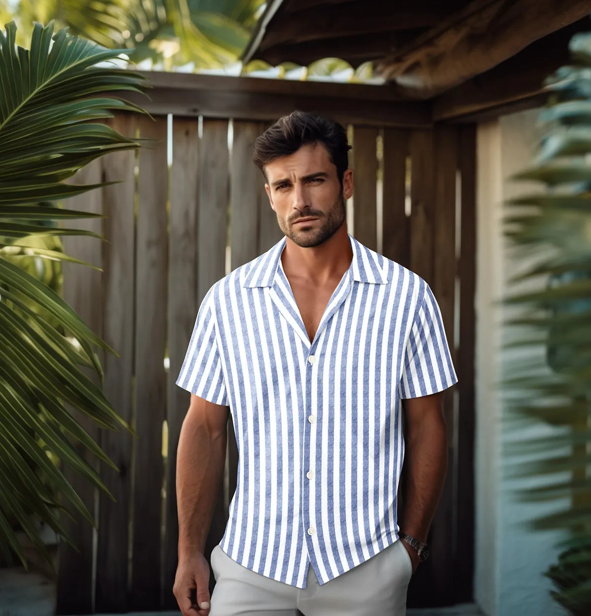 Cotton-Linen - Camp Collar - Blue and White Stripe