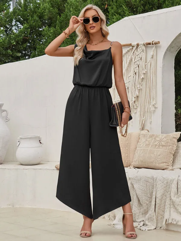 Elegant Solid One-Shoulder Blouson Jumpsuit for Women - Full-Length Wide-Leg Playsuit