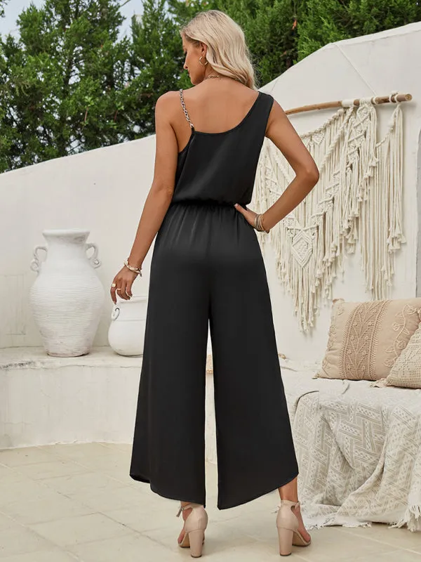 Elegant Solid One-Shoulder Blouson Jumpsuit for Women - Full-Length Wide-Leg Playsuit